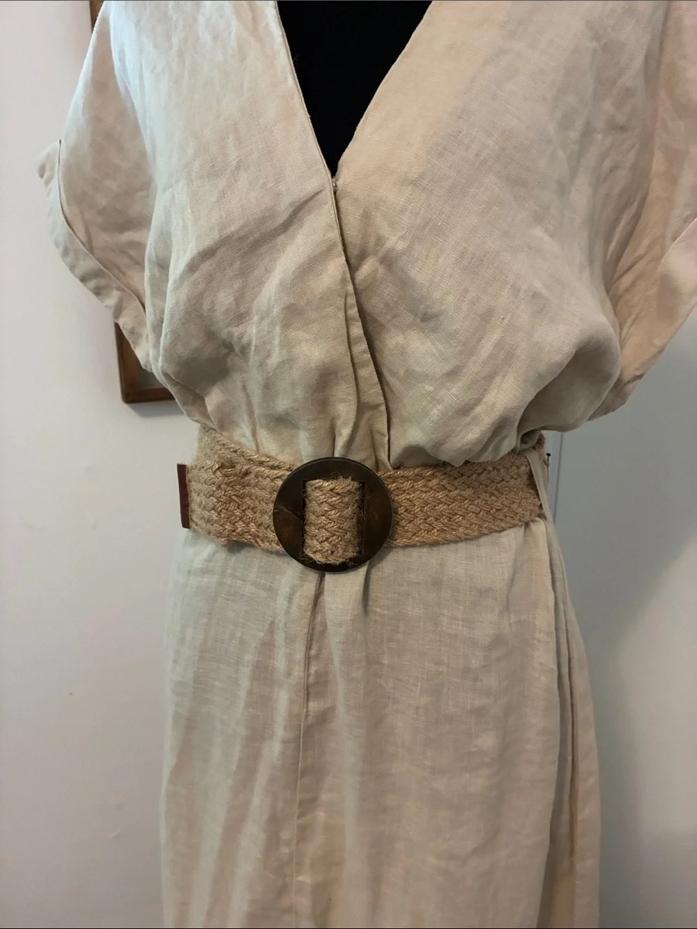 MNG Beige Linen Dress with Woven Belt